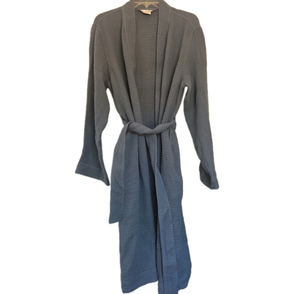Boll & Branch Waffle Knit Organic Cotton Robe Mineral Blue Grey Size M